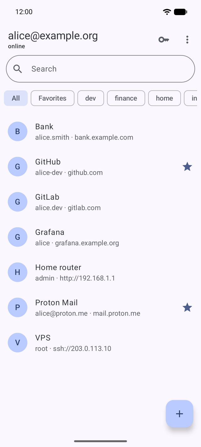 Android client: the record list with search and tag filters