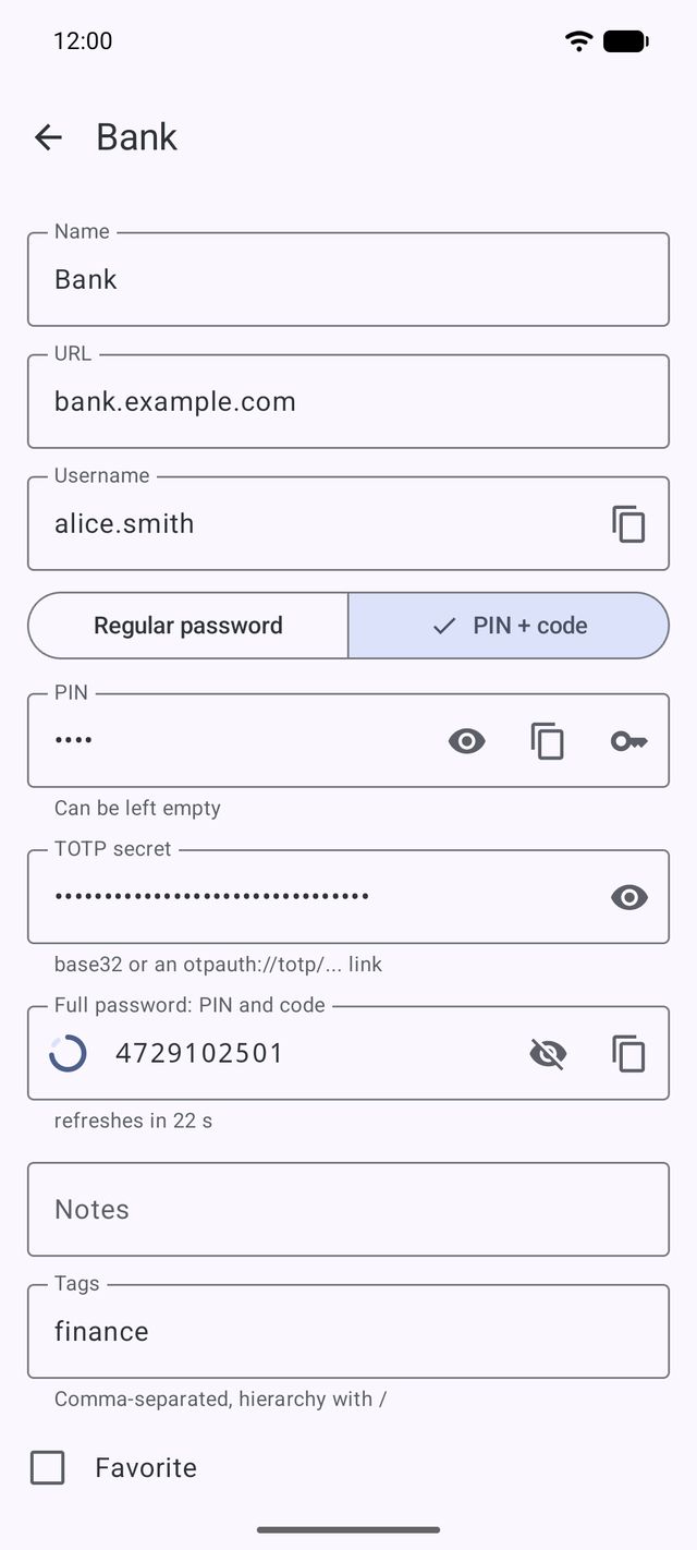 Android client: a PIN and code password with a countdown ring
