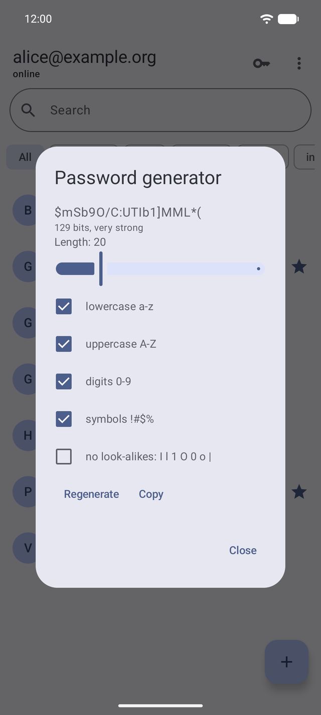 Android client: the password generator dialog