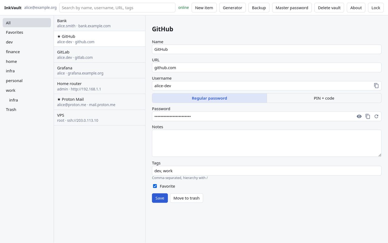 Web client: the vault with the tag tree and a selected record, the password is hidden