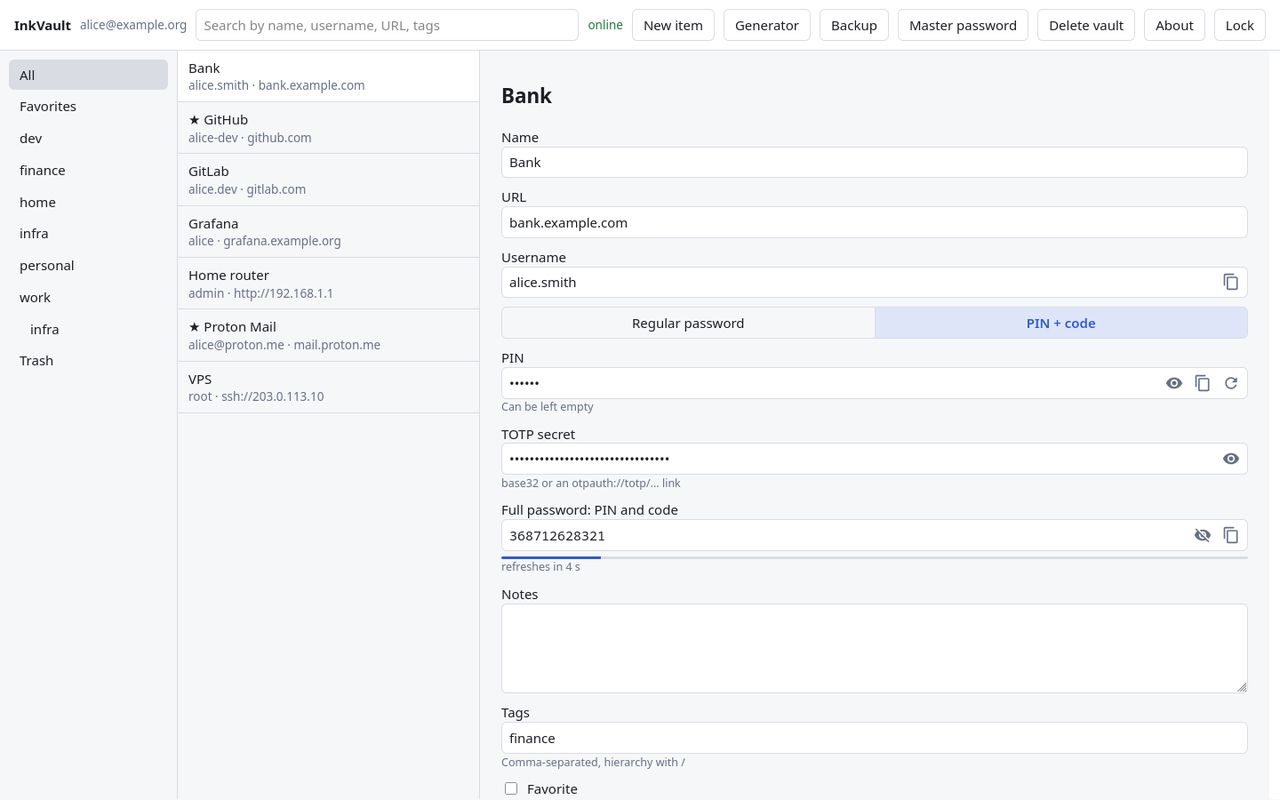 Web client: a PIN and code password with the full password and a countdown