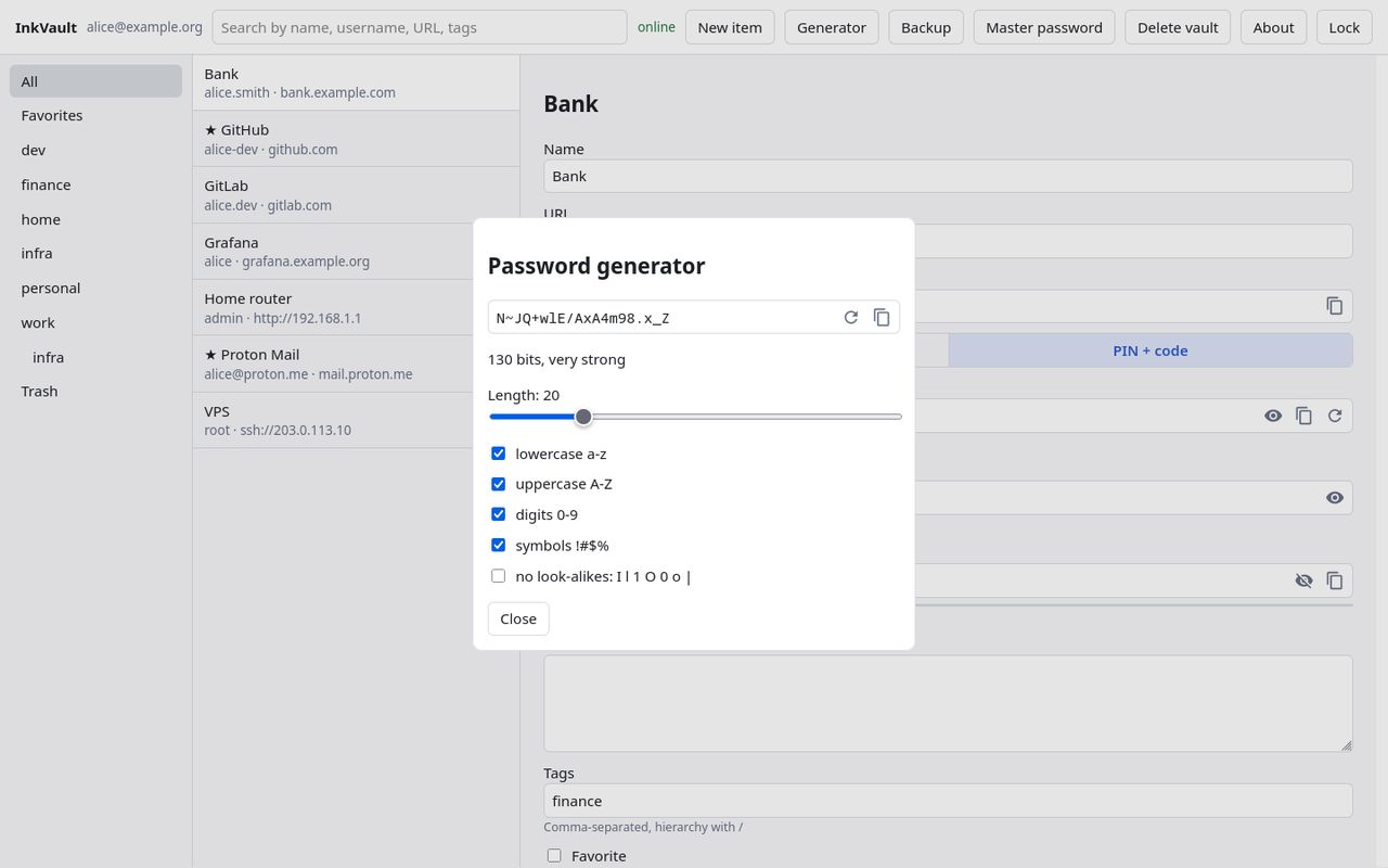 Web client: the password generator dialog